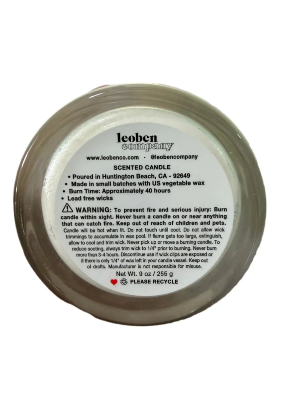 Leoben Company Hemp & Eucalyptus Scented Soy Candle Size 9 oz. 40 hrs.